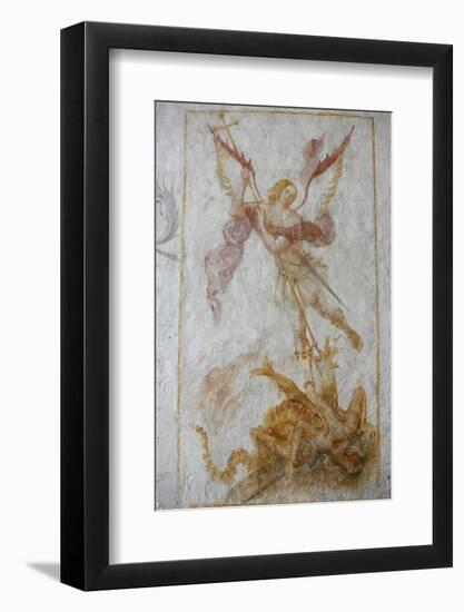 A 15th century fresco depicting St. Michael slaying a dragon, La Ferte Loupiere, Yonne, France-Godong-Framed Photographic Print