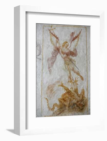 A 15th century fresco depicting St. Michael slaying a dragon, La Ferte Loupiere, Yonne, France-Godong-Framed Photographic Print