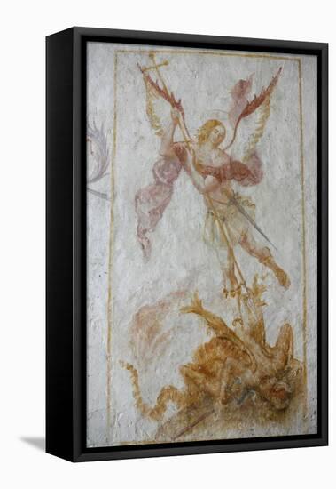 A 15th century fresco depicting St. Michael slaying a dragon, La Ferte Loupiere, Yonne, France-Godong-Framed Stretched Canvas