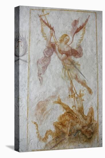 A 15th century fresco depicting St. Michael slaying a dragon, La Ferte Loupiere, Yonne, France-Godong-Stretched Canvas
