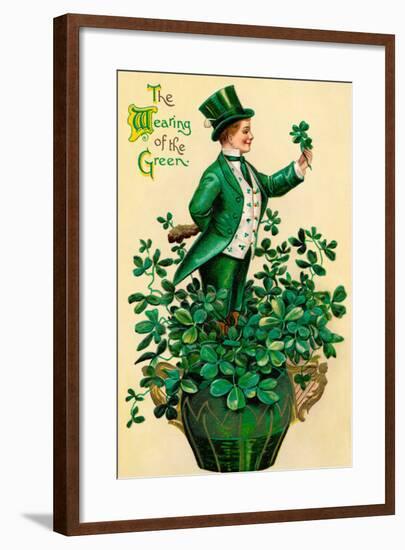 A 1910 Vintage St. Patrick's Day Greeting Card Illustration of an Irish Man Showing 'The Wearing Of-Victorian Traditions-Framed Photographic Print