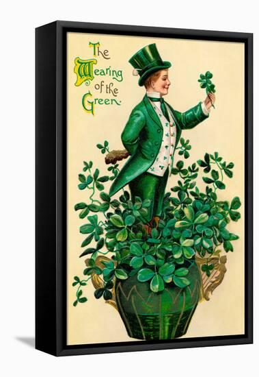 A 1910 Vintage St. Patrick's Day Greeting Card Illustration of an Irish Man Showing 'The Wearing Of-Victorian Traditions-Framed Stretched Canvas