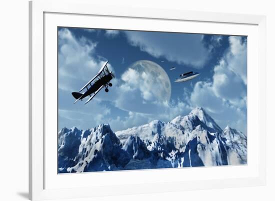 A 1930S Dh 82 Tiger Moth Biplane Encounters a Group of Ufo'S-null-Framed Art Print