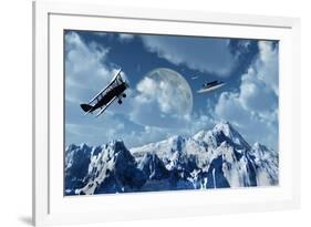 A 1930S Dh 82 Tiger Moth Biplane Encounters a Group of Ufo'S-null-Framed Art Print