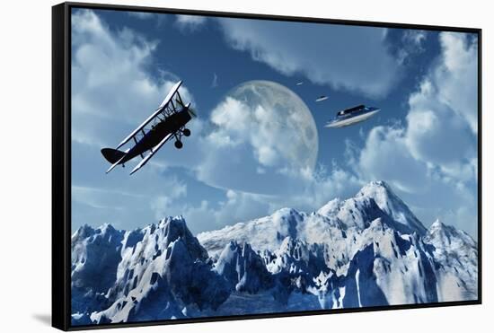 A 1930S Dh 82 Tiger Moth Biplane Encounters a Group of Ufo'S-null-Framed Stretched Canvas