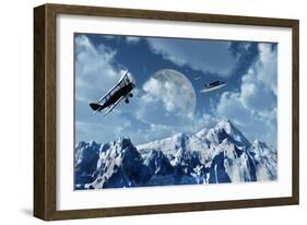 A 1930S Dh 82 Tiger Moth Biplane Encounters a Group of Ufo'S-null-Framed Art Print