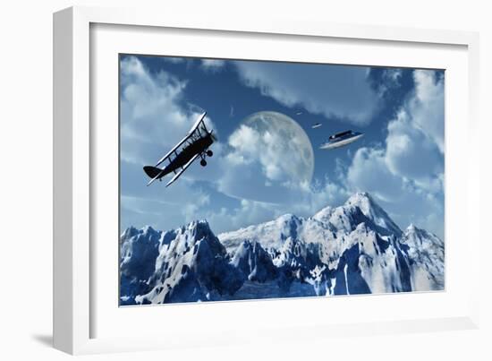 A 1930S Dh 82 Tiger Moth Biplane Encounters a Group of Ufo'S-null-Framed Art Print