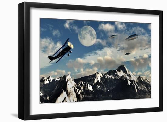 A 1930S Dh 82 Tiger Moth Biplane Encounters a Group of Ufo'S-null-Framed Art Print