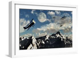 A 1930S Dh 82 Tiger Moth Biplane Encounters a Group of Ufo'S-null-Framed Art Print