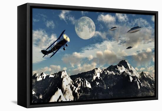 A 1930S Dh 82 Tiger Moth Biplane Encounters a Group of Ufo'S-null-Framed Stretched Canvas