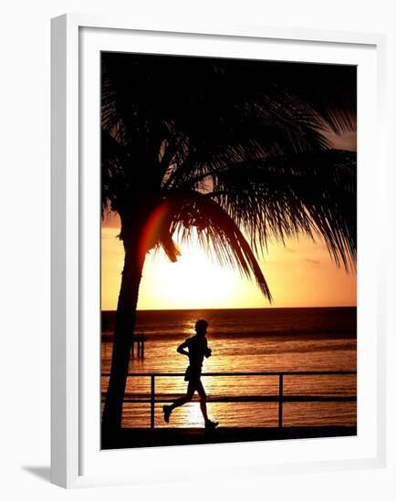 A Afternoon Runner Passes Under a Palm Tree as the Sun Sets Behind-null-Framed Premium Photographic Print