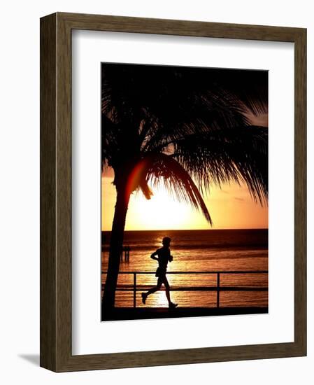 A Afternoon Runner Passes Under a Palm Tree as the Sun Sets Behind-null-Framed Photographic Print