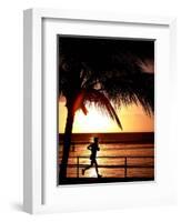 A Afternoon Runner Passes Under a Palm Tree as the Sun Sets Behind-null-Framed Photographic Print