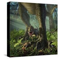 A Baby Tyrannosaurus Rex Roars While Safely Standing Between it's Mother's Legs-null-Stretched Canvas