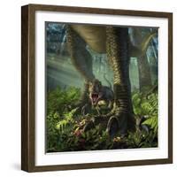 A Baby Tyrannosaurus Rex Roars While Safely Standing Between it's Mother's Legs-null-Framed Art Print