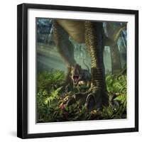 A Baby Tyrannosaurus Rex Roars While Safely Standing Between it's Mother's Legs-null-Framed Art Print