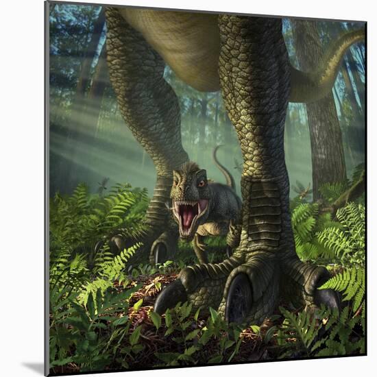 A Baby Tyrannosaurus Rex Roars While Safely Standing Between it's Mother's Legs-null-Mounted Art Print