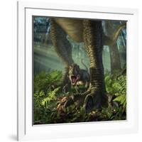 A Baby Tyrannosaurus Rex Roars While Safely Standing Between it's Mother's Legs-null-Framed Art Print