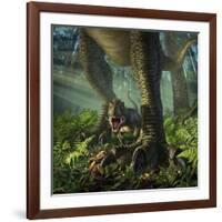 A Baby Tyrannosaurus Rex Roars While Safely Standing Between it's Mother's Legs-null-Framed Art Print