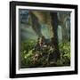 A Baby Tyrannosaurus Rex Roars While Safely Standing Between it's Mother's Legs-null-Framed Art Print