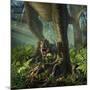 A Baby Tyrannosaurus Rex Roars While Safely Standing Between it's Mother's Legs-null-Mounted Art Print