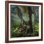 A Baby Tyrannosaurus Rex Roars While Safely Standing Between it's Mother's Legs-null-Framed Art Print