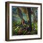 A Baby Tyrannosaurus Rex Roars While Safely Standing Between it's Mother's Legs-null-Framed Art Print