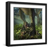 A Baby Tyrannosaurus Rex Roars While Safely Standing Between it's Mother's Legs-null-Framed Art Print