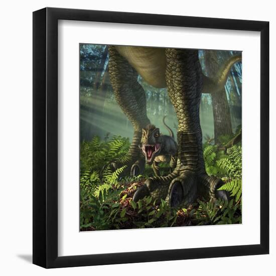 A Baby Tyrannosaurus Rex Roars While Safely Standing Between it's Mother's Legs-null-Framed Art Print