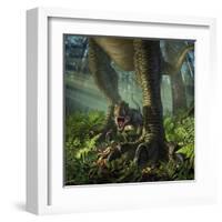 A Baby Tyrannosaurus Rex Roars While Safely Standing Between it's Mother's Legs-null-Framed Art Print