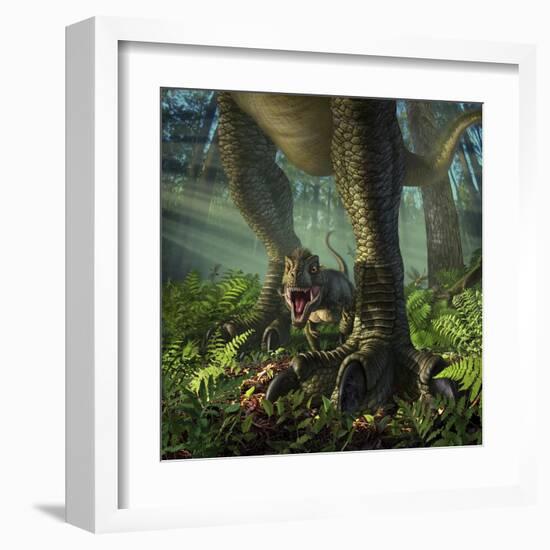 A Baby Tyrannosaurus Rex Roars While Safely Standing Between it's Mother's Legs-null-Framed Art Print