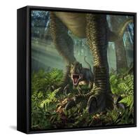 A Baby Tyrannosaurus Rex Roars While Safely Standing Between it's Mother's Legs-null-Framed Stretched Canvas