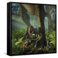 A Baby Tyrannosaurus Rex Roars While Safely Standing Between it's Mother's Legs-null-Framed Stretched Canvas