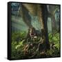 A Baby Tyrannosaurus Rex Roars While Safely Standing Between it's Mother's Legs-null-Framed Stretched Canvas