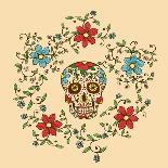 Hand Drawn Day of the Dead Colorful Sugar Skull with Floral Ornament and Flower Seamless Pattern. G-a_bachelorette-Art Print