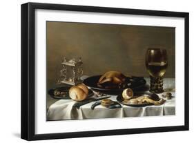 A Banketje Still Life with a Roemer, a Mounted Salt-Cellar, Pewter Plates with a Roast Chicken?-Pieter Claesz-Framed Giclee Print