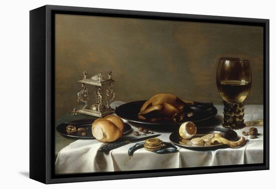 A Banketje Still Life with a Roemer, a Mounted Salt-Cellar, Pewter Plates with a Roast Chicken?-Pieter Claesz-Framed Stretched Canvas