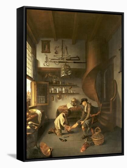 A Barber Surgeon Tending a Peasant's Foot, circa 1650-Isaack Koedijck-Framed Stretched Canvas