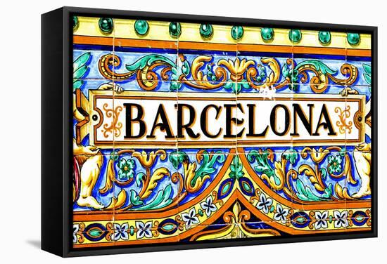 A Barcelona Sign Over A Mosaic Wall-nito-Framed Stretched Canvas