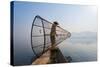 A Basket Fisherman on Inle Lake Prepares to Plunge His Cone Shaped Net, Shan State, Myanmar (Burma)-Alex Treadway-Stretched Canvas