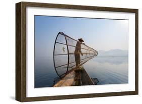 A Basket Fisherman on Inle Lake Prepares to Plunge His Cone Shaped Net, Shan State, Myanmar (Burma)-Alex Treadway-Framed Photographic Print