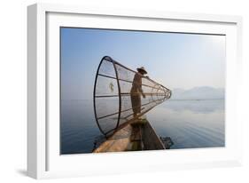 A Basket Fisherman on Inle Lake Prepares to Plunge His Cone Shaped Net, Shan State, Myanmar (Burma)-Alex Treadway-Framed Photographic Print