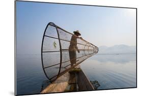 A Basket Fisherman on Inle Lake Prepares to Plunge His Cone Shaped Net, Shan State, Myanmar (Burma)-Alex Treadway-Mounted Photographic Print