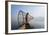 A Basket Fisherman on Inle Lake Prepares to Plunge His Cone Shaped Net, Shan State, Myanmar (Burma)-Alex Treadway-Framed Photographic Print