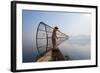 A Basket Fisherman on Inle Lake Prepares to Plunge His Cone Shaped Net, Shan State, Myanmar (Burma)-Alex Treadway-Framed Photographic Print