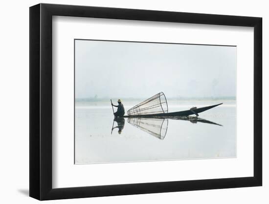 A basket fisherman on Inle Lake scans the still and shallow water for signs of life, Myanmar (Burma-Alex Treadway-Framed Photographic Print