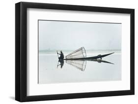 A basket fisherman on Inle Lake scans the still and shallow water for signs of life, Myanmar (Burma-Alex Treadway-Framed Photographic Print