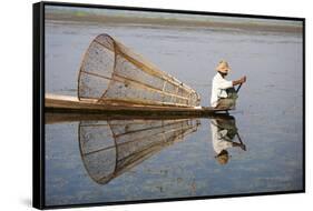 A basket fisherman on Inle Lake scans the still and shallow water for signs of life, Shan State, My-Alex Treadway-Framed Stretched Canvas