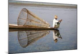 A basket fisherman on Inle Lake scans the still and shallow water for signs of life, Shan State, My-Alex Treadway-Mounted Photographic Print