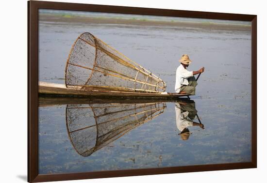 A basket fisherman on Inle Lake scans the still and shallow water for signs of life, Shan State, My-Alex Treadway-Framed Photographic Print